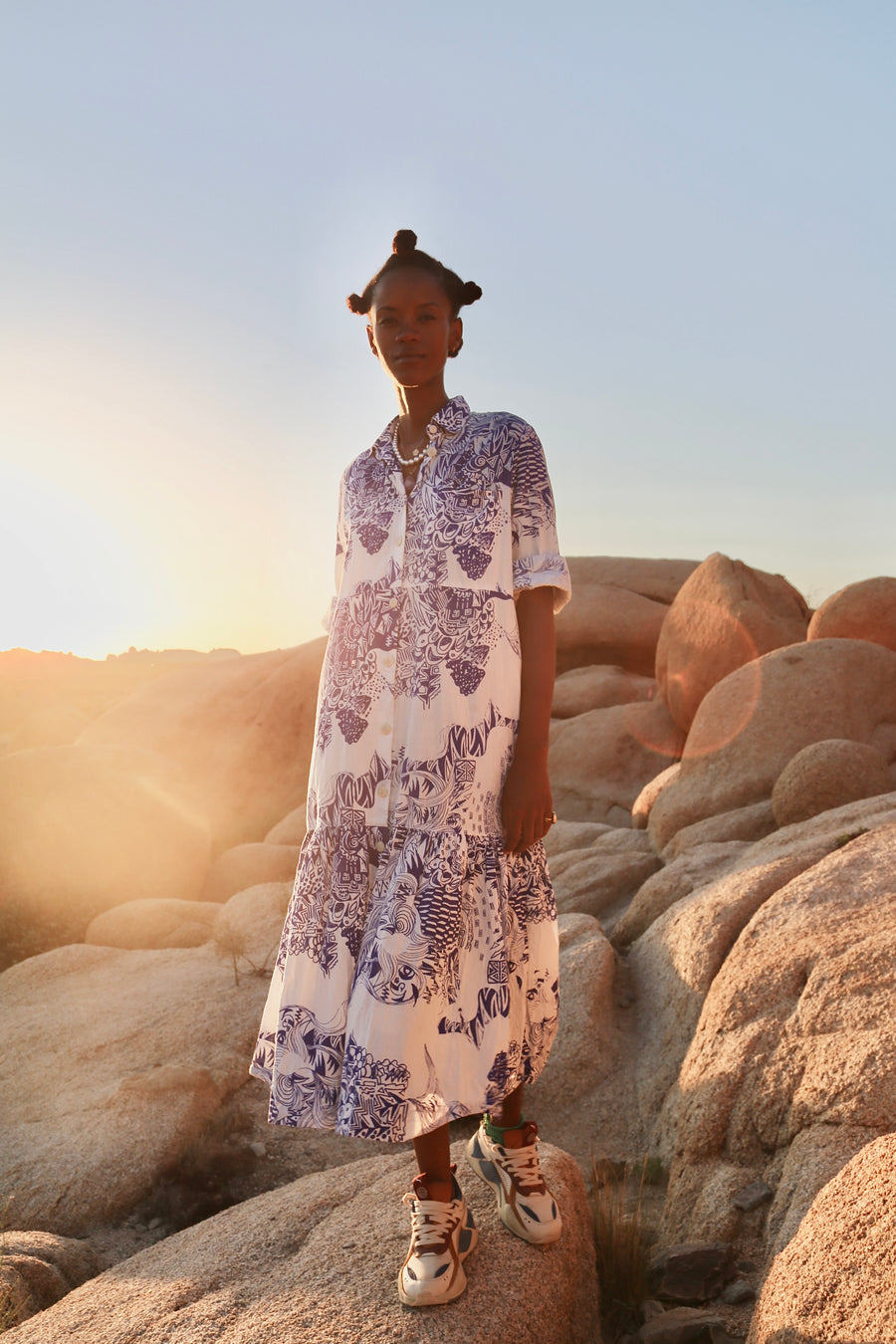 Imigongo Print Dress- Porcelain