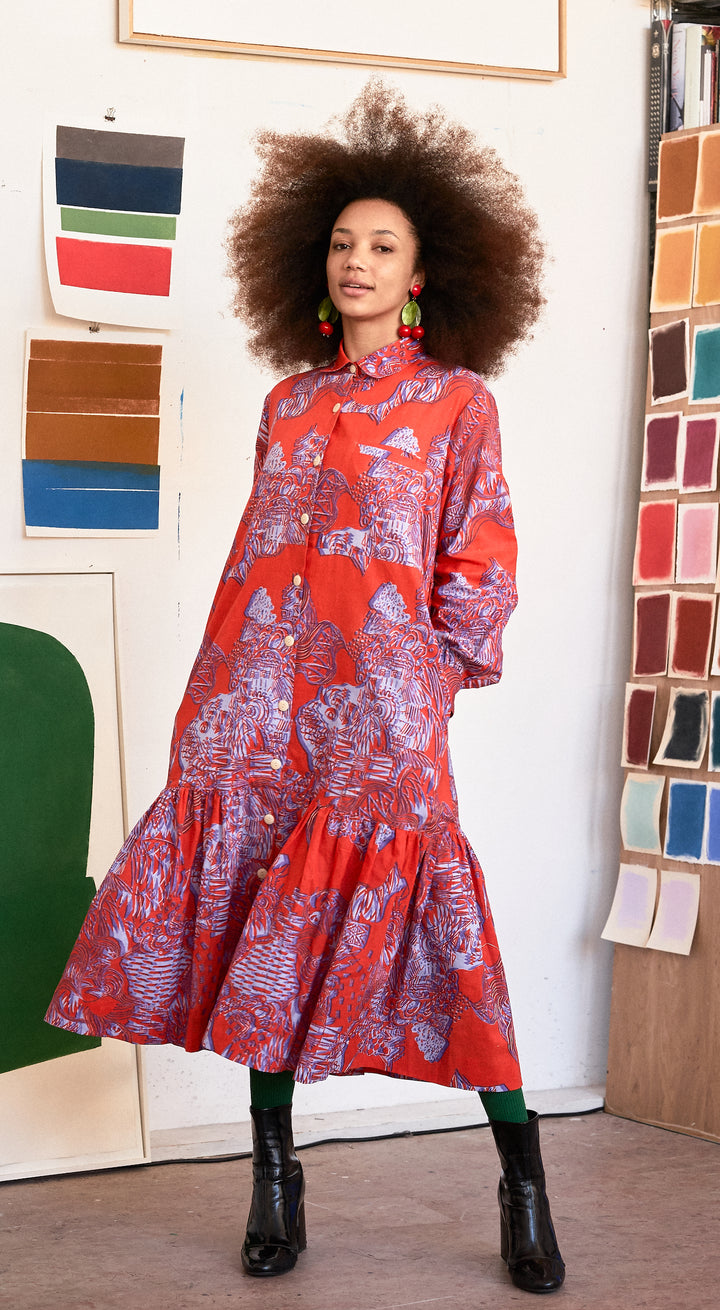 Imigongo Print Dress- Burnt Orange